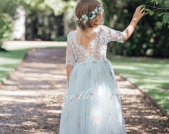 Boho Bridal Baby Blue Embroidered Beautiful Long Length Lace Sleeve Bohemian Hippy Beach Rustic Style Flower Girl Dress Junior Bridesmaid