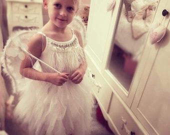 Couture Ice White Flower Girl Tutu Feather Dress.