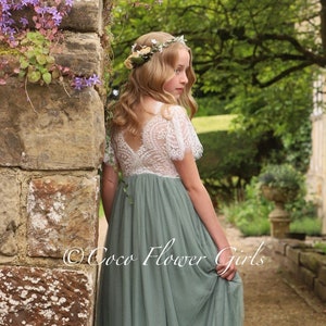 Long Length Sage Green Tulle Lace Flutter Cap Sleeves Bohemian Flower Girl Bridesmaid Dress - Optional Sash