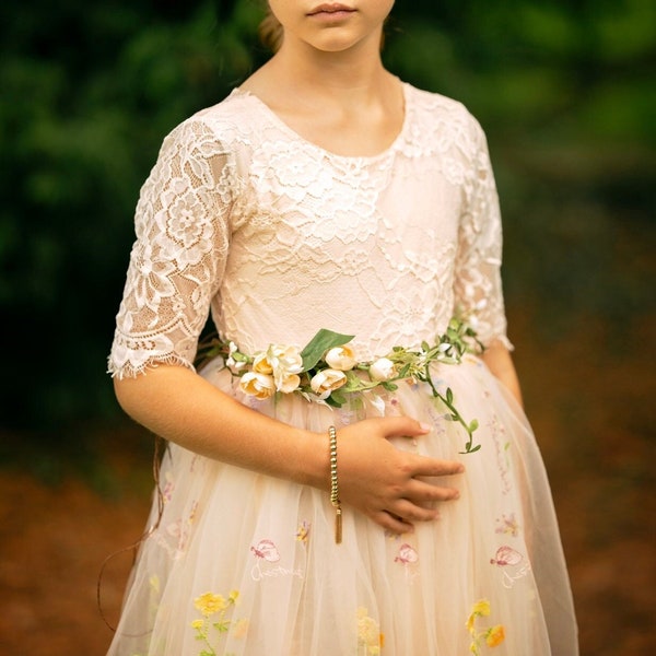 Boho Bridal White Ivory Embroidered Beautiful Long Length Lace Sleeves Bohemian Hippy Beach Rustic Style Flower Girl Dress Junior Bridesmaid