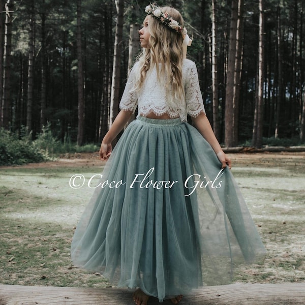 Beautiful Bridal Flower Girl Dress Set Lace Crop Top and Long Layered Princess Tulle Skirt Set - Sage Green - Rustic Boho Junior Bridesmaid