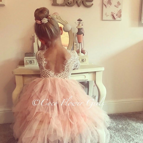 Long Ruffles Bohemian Flower Girl Occasion Dress - Blush - Bridesmaid Boho Rustic Princess Dress