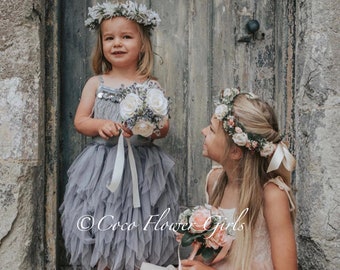 SALE Couture Silver Grey Flower Girl Feather and Ruffles Tutu Occasion Dress