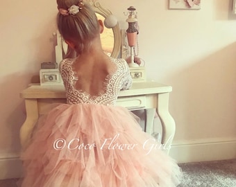 Long Ruffles Bohemian Flower Girl Occasion Dress - Blush - Bridesmaid Boho Rustic Princess Dress