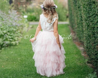Beautiful Lace White Crop Top Baby Pink Long Layered Ruffles 'Ophelia' Tulle Skirt Flower Girl Dress Set Boho Rustic Bridal Beach Wedding