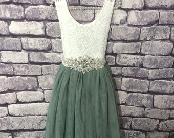 Sleeveless Classic Bohemian Style Long Length Lace Flower Girl Bridesmaid Dress and Diamante Sash - Sage Green