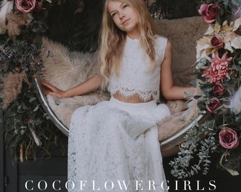 Belle Boho Rustique Mariage Fille De Fleur Occasion Blanc Sans Manches En Dentelle Crop Top Et Longue Dentelle Tulle Jupe Ensemble