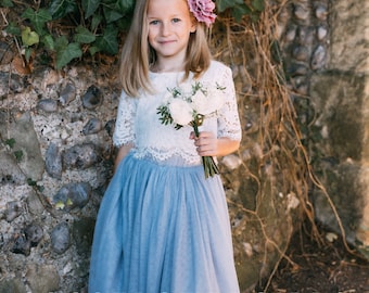 Beautiful Bohemian Style Lace Crop Top and Long Layered Princess Tulle Skirt - Silver Blue