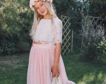 Beautiful Lace Crop Top and Long Layered Princess Tulle Skirt 2 Piece Flower Girl Boho Dress Set - Blush