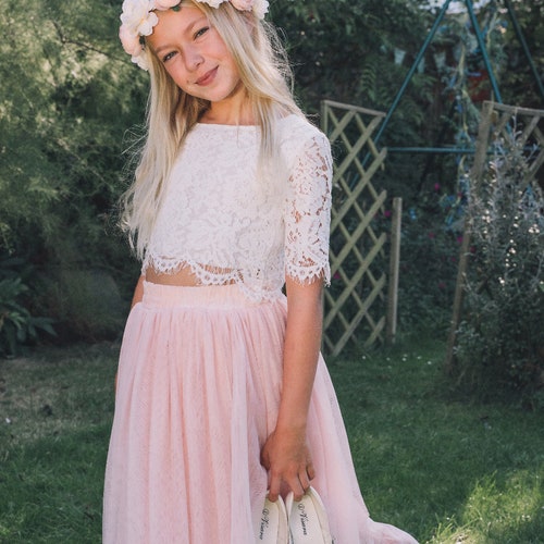 Girls Peach Floral Applique Crop Top With Tiered Tulle Skirts Set