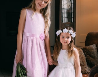 Lace Boho Dresses Classic Design Lace and Flower - Flower Girl Dress - Cream or Baby Pink