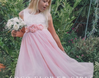 Sleeveless Long Length Baby Pink Bohemian Flower Girl Dress - Pink with Optional Flower Waist Corsage