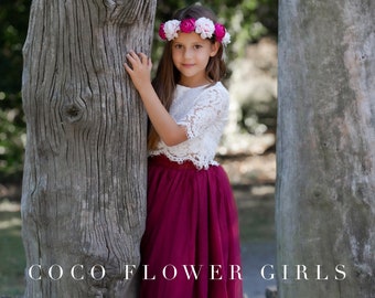 Beautiful  Flower Girl Lace Crop Top and Long Layered Princess Tulle Skirt Dress Set Bohemian Rustic - Burgundy Wine Red