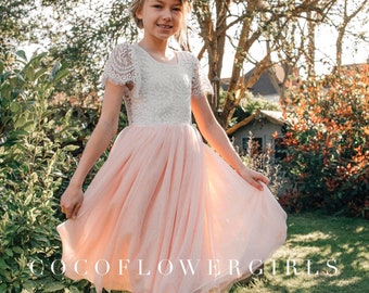 Pretty Lace Flutter Sleeve Tea/Knee Length Blush Pink Peach Tulle Bohemian Rustic Hippie Style Flower Girl Dress