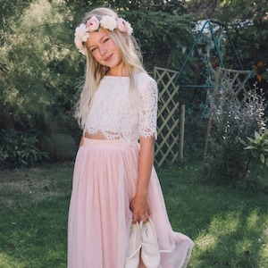 Beautiful Lace Crop Top and Long Layered Princess Tulle Skirt 2 Piece Flower Girl Boho Dress Set - Blush