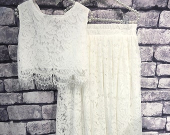 Bella Boho Flower Girl Principessa Comunione Battesimo Top corto in pizzo bianco senza maniche e gonna lunga in tulle di pizzo