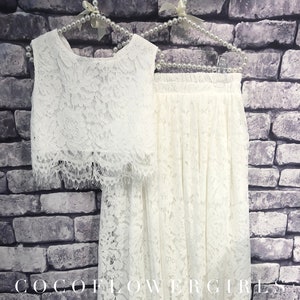 Flower Girls Dress Beautiful White Sleeveless Lace Crop Top and Long Lace Skirt - Communion Baptism Boho