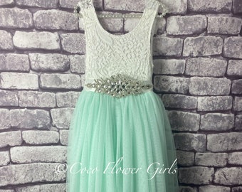 Sleeveless Classic Bohemian Style Long Length Lace Flower Girl Bridesmaid Dress and Diamante Sash - Mint Green