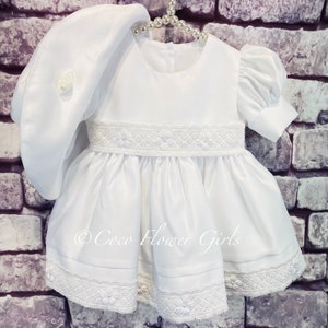 English Princess White Baby Girls Christening Baptism Dress - Ice White - Dress and Hat