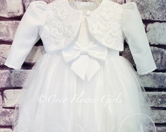 English Princess White Baby Girls Christening Baptism Dress - Ice White - Bow Dress and Bolero