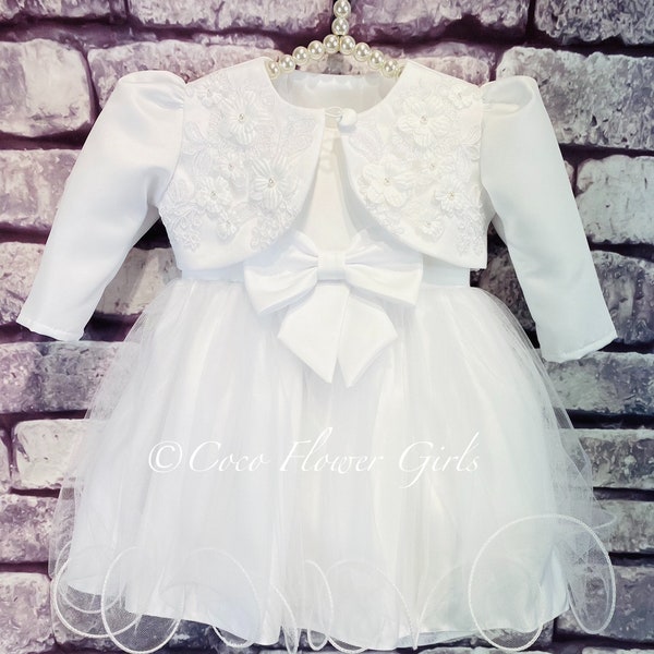 English Princess White Baby Girls Christening Baptism Dress - Ice White - Bow Dress and Bolero