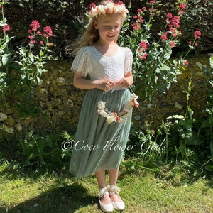 Pretty Lace Flutter Sleeve Tea/Knee Length Sage Green Tulle Boho Bride Bohemian Rustic Hippie Style Flower Girl Dress - Best Seller