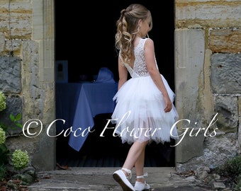 Flower Girl Dress Christening Dress Vintage Ruffles Applique - White