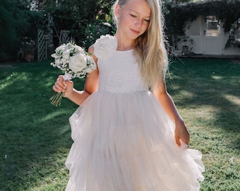 SALE Rustic Bridal Wedding Girls Pretty Long Ruffles Bohemian Flower Girl Dress - Ivory Cream - Sleeveless