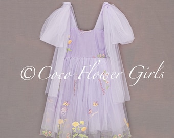 Baby Girls Lilac Purple Bridal Occasion Flower Girl Floppy Bow Dress, Rustic Boho Embroidered Daisy Fairy-tale Wedding Princess Dress