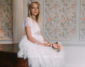 Elegant Boho Ruffle Dress for Girls in White, Perfect for Weddings and Baptisms