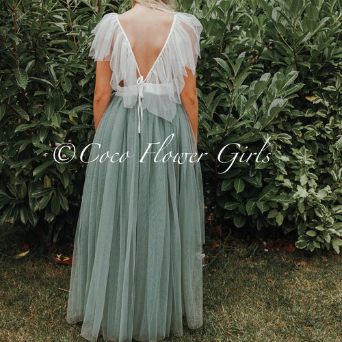 Beautiful Bohemian Butterfly Inspired High Low Flower Girl Dress - Bridal Wedding Occasion Dress - Sage Green