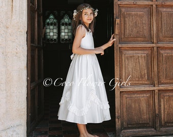 Classic Bridesmaid Flower Girl Communion Dress Ivory Ruffles and Rosettes Bridal Dress