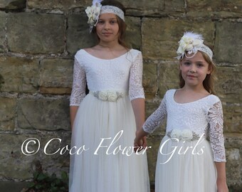 Long Sleeve Boho Rustic Long Length Vanilla Ivory White Lace Bohemian Flower Girl Tulle Dress - Optional Colour Sash