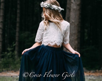 Beautiful Flower Girl Lace Crop Top and Long Layered Princess Tulle Skirt, Bohemian Style Dress, Boho  Dress - Navy Blue