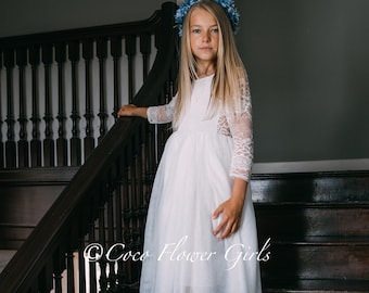 White Bohemian Dress, Boho Dress, Girls Rustic Flower Girl Dress - Optional Diamante Sash