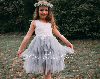 Beach Wedding Rustic Bridal Flower Girl Dress Occasion Dress Silver Grey Very Pretty Boho Dress Vintage Ruffles with Applique