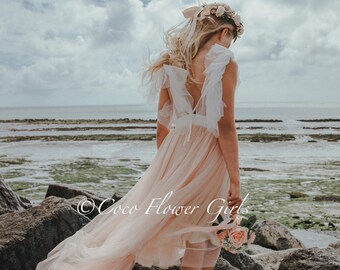 Beautiful Bohemian Butterfly Inspired High Low Flower Girl Dress - Bridal Wedding Occasion Dress - Blush