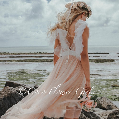 Beautiful Bohemian Butterfly Inspired High Low Flower Girl Dress - Bridal Wedding Occasion Dress - Blush