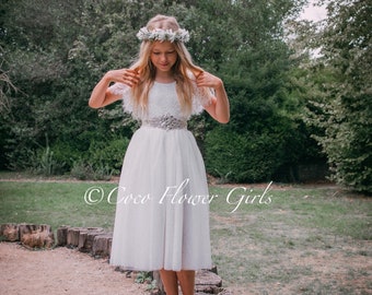 Bohemian Flower Girl Dress White Bridesmaid Dress Below Knee Hippie Style Flower Girl Dresses - Optional Diamante Sash