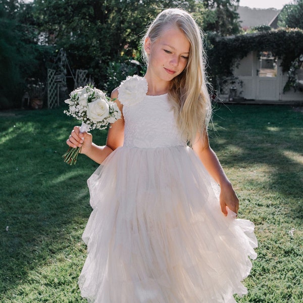 SALE Rustic Bridal Wedding Girls Pretty Long Ruffles Bohemian Flower Girl Dress - Ivory Cream - Sleeveless