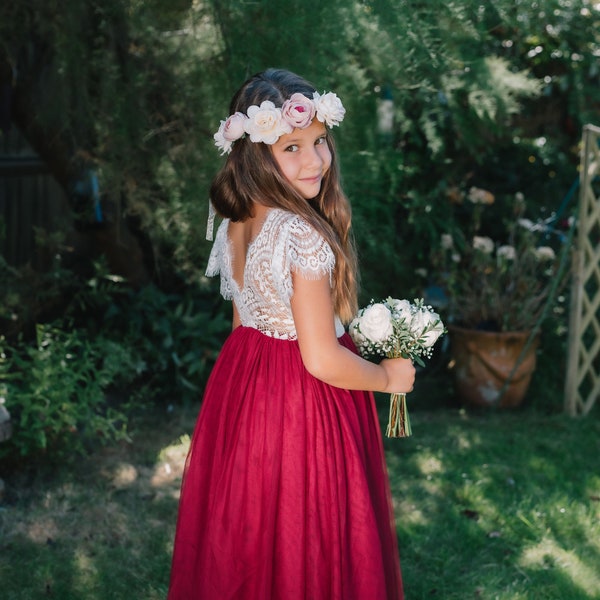 Long Length Burgundy Tulle Lace Flutter Cap Sleeves Bohemian Flower Girl Bridesmaid Dress - Wine / Red, Optional Sash