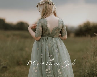 Sage Green Flower Girl Dress Fern Embroidered Floral Woodland Junior Bridesmaid - Pretty Bohemian Wedding Flowers Dress