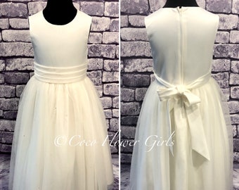 Classic Bridesmaid Flower Girl Communion Dress White Sash Bridal Dress -  Available in Ivory or Ice White