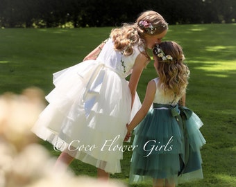 Luxe Sequin and Satin Sage Green or White Bow Dress - Sage Green Tulle Party Flower Girl Occasion Princess Dress