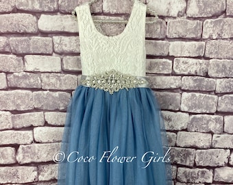 Sleeveless Long Length Classic Flower Girl Bohemian Dress - Smoky Dusty Blue Bridal