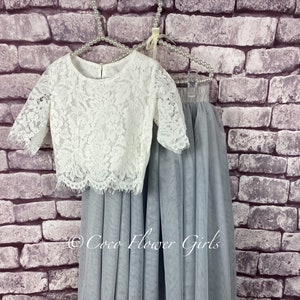 Beautiful Boho Rustic Bridal Flower Girl Dress Set Lace Crop Top and Long Layered Princess Tulle Skirt Set - Silver Grey