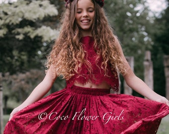 Beautiful Flower Girl Occasion Wine Red Burgundy Sleeveless Lace Crop Top and Long Lace Tulle Skirt Flower Girl Boho Rustic Set