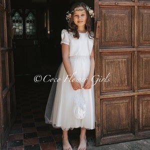 Classic Luxe Ivory Junior Bridesmaid Flower Girl Communion Dress Diamante Pearl Sash Bridal Dress and Bolero