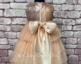 SALE Luxe Rose Gold Sequin and Satin Bow Dress -  Blush Peach Tulle Flower Girl Occasion Princess Party Dress