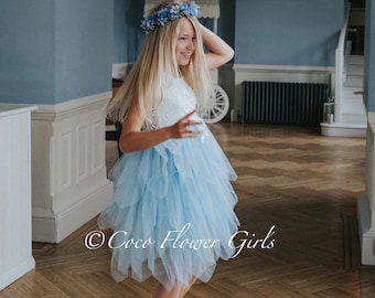 Flower Girl Dress, Bohemian Dress, Boho Dress, Very Pretty Lace & Ruffles with Applique - Sky Blue